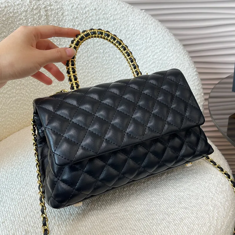 Designer Women Hass Handle Quilted Shouder Bag France Luxury Brand Genuine Leather Metal Weave Handle Tote Handbag Lady Crossbody Chain Strap Flap Bags 25cm