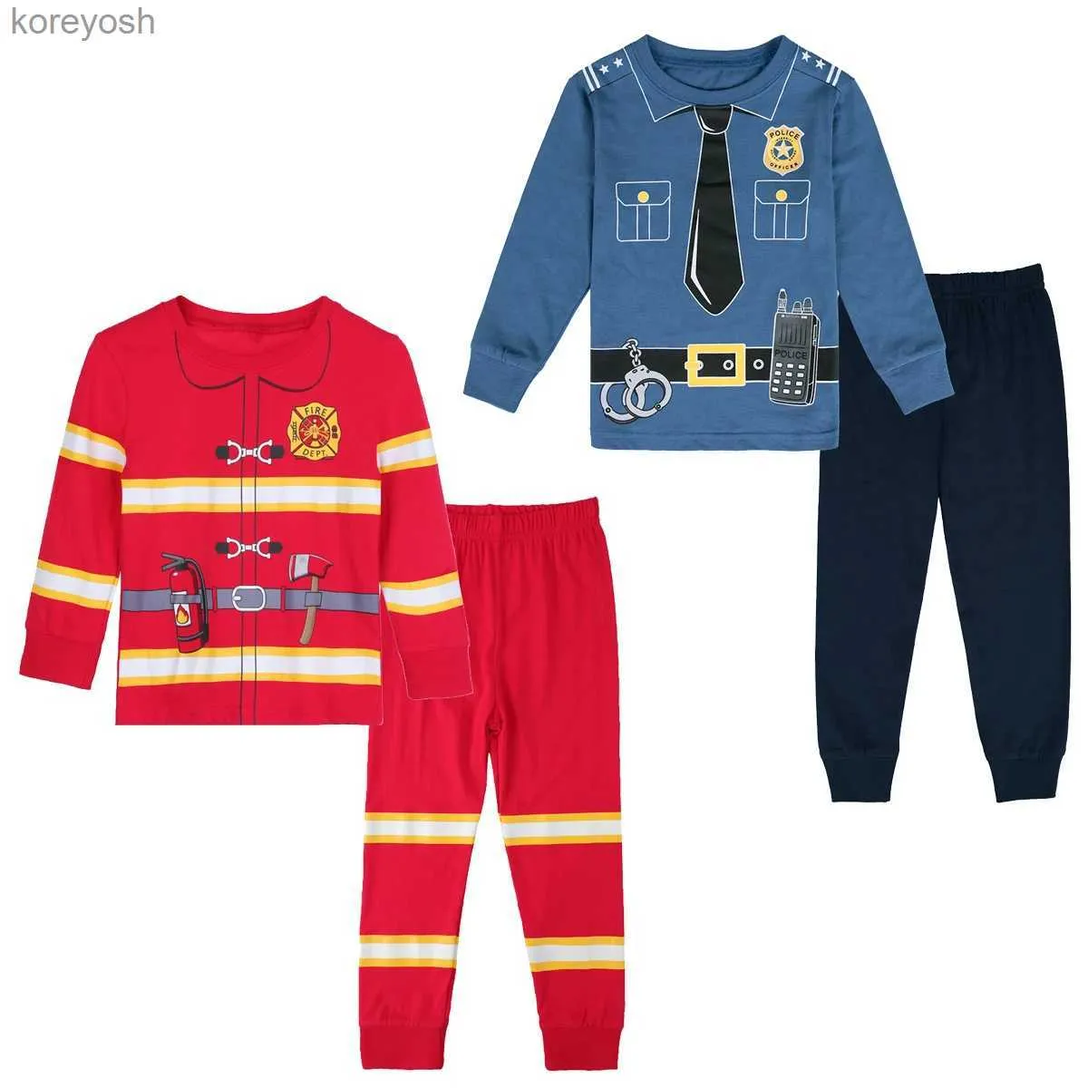 Pajamas Kids Pajamas مجموعات هالوين ملابس نوم الأولاد شرطة شرطة Cosplay Pijamas Fireman Pajamas أطفال طويل الأكمام+سروال 2PCSL231109