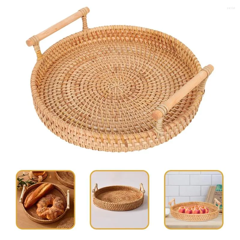 Conjuntos de louça Decoração de mesa Rattan bandeja redonda de vime servindo cesta manual banheiro com alças