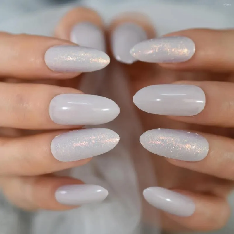 False Nails 24pcs Almond Glossy Silver Grey Glitter Stiletto Press On Tips Daily Party DIY Finger Wear