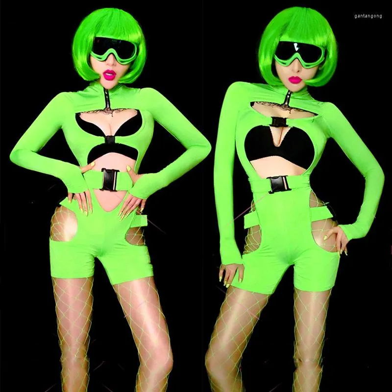 Scene Wear Nihtclub Women Gogo Dancer Performance Costume DJ Dance Clothes Jazz Rave Outfit Fluorescent Green Sexy Jumpsuit DNV15927