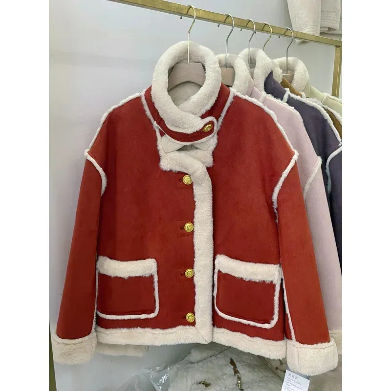 Piel de mujer Piel sintética Mujer Moda Chaqueta de terciopelo Mujer Vintage Primavera Invierno Stand Collar Abrigos Chaqueta de un solo pecho Abrigo Señoras Chic Ropa de abrigo 231108