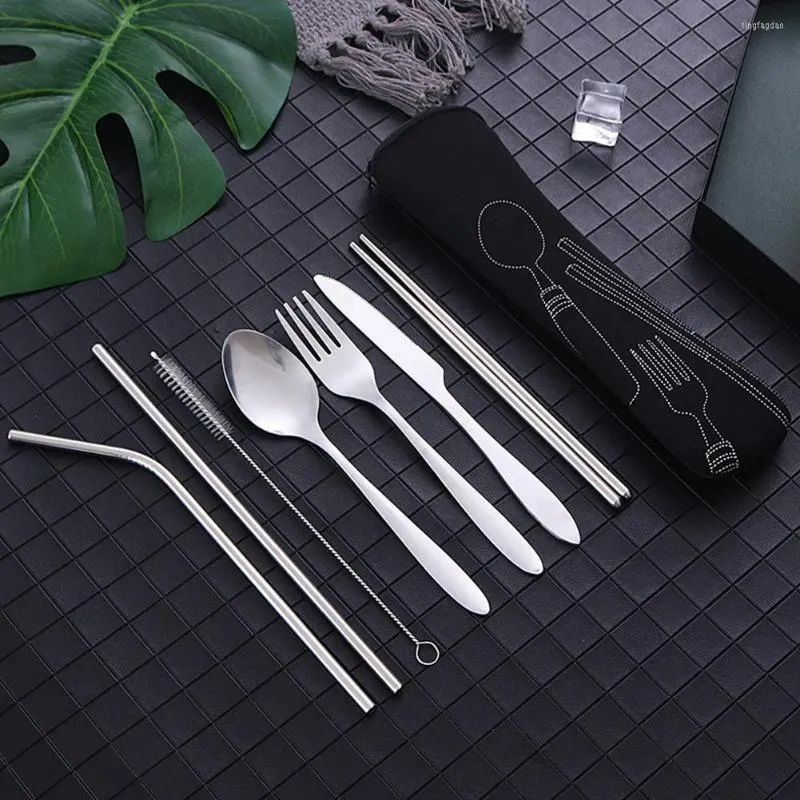 Stainless Steel Portable Outdoor Eating Utensils Set, School Cutlery Kit  With Knife, Fork, Spoon, Straight Straw, Bent Straw, Straw Brush, Portable  Bag, 7pcs/set