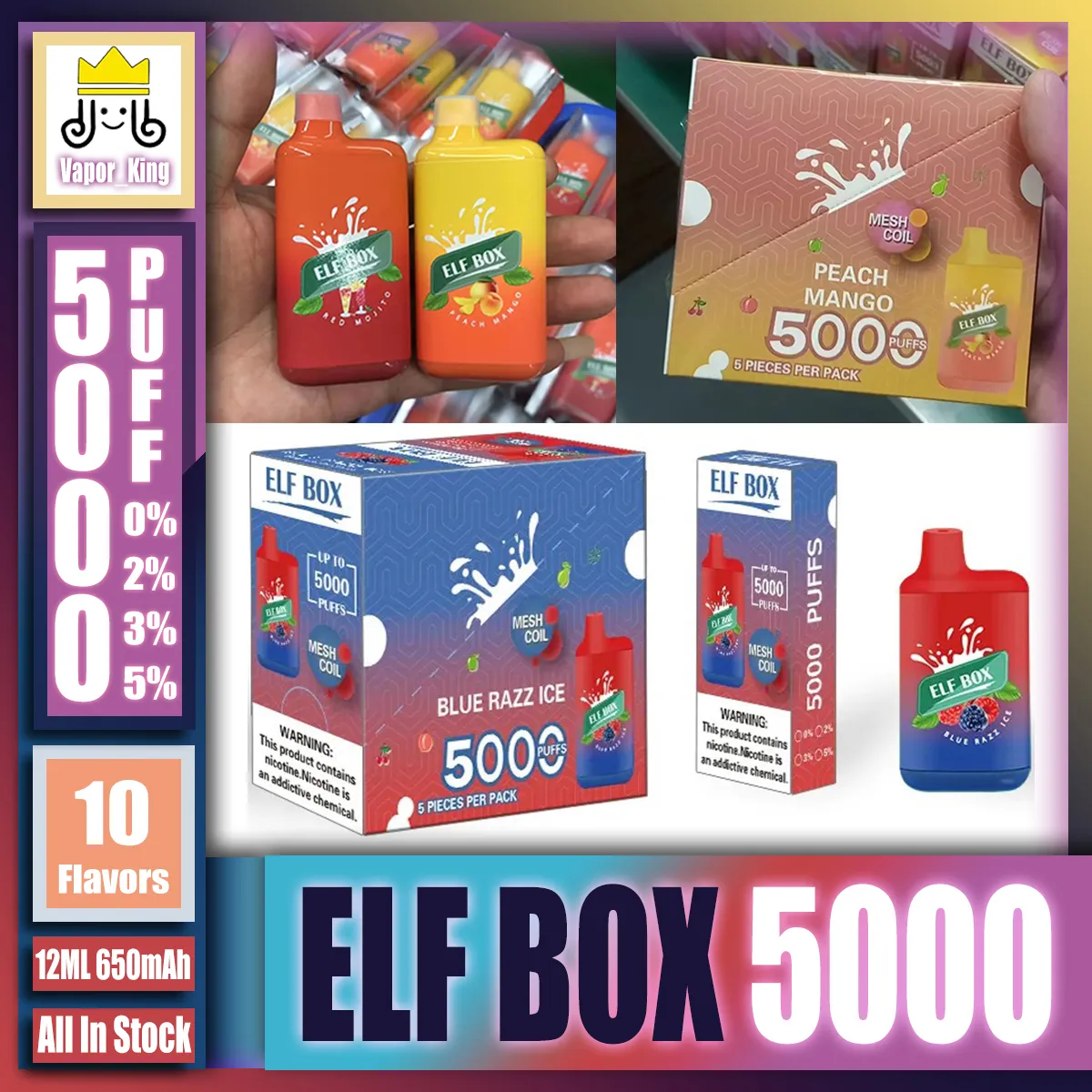 Sigaretta elettronica ricaricabile originale ELF BOX 5000 0/2/3/5% penna Vape usa e getta 12ml batteria preriempita 650mAh VS ELFWORLD DC5000 Ultra