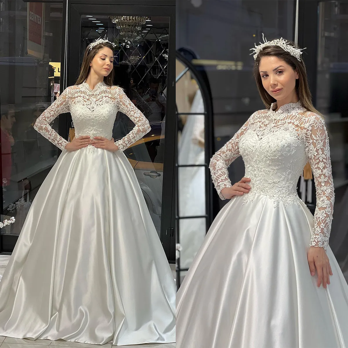 Gorgeous Long Ball Gown Jewel Tulle Lace Wedding Dress with Sleeves