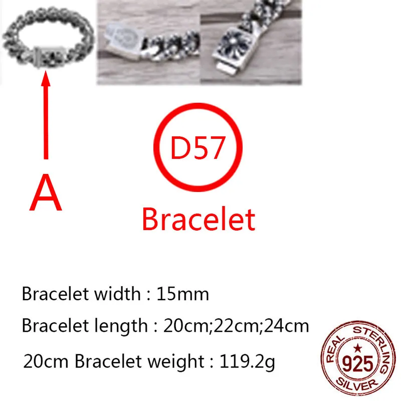 D57 S925 Sterling Silver Bracelet Personalized Fashion Dominant Cross Flower Couple Jewelry Punk Hip Hop Style Jewelry Gift for Lovers