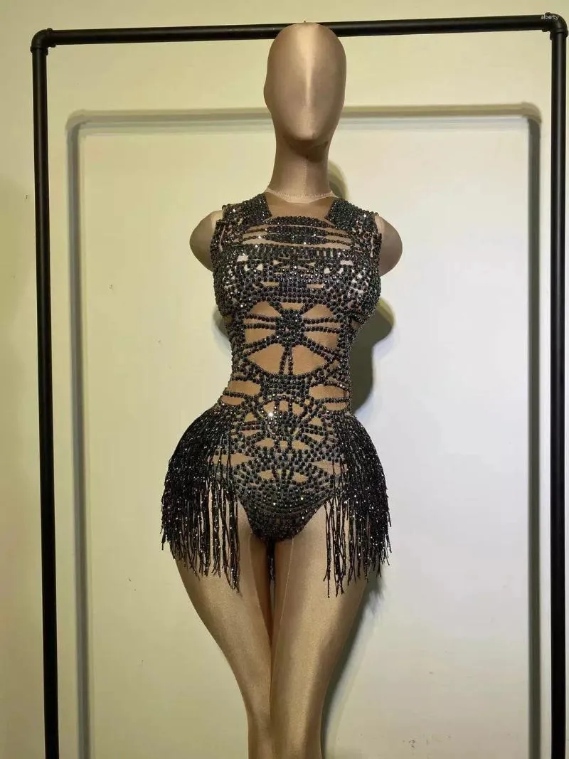 Sahne Giyim Rhinestone kolsuz elastik kristal püskül çıplak dansçı Bodysuit Party Dans Kostümü leotard gece kulübü kıyafetleri