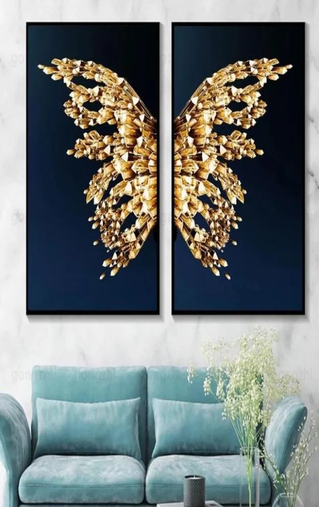 Schilderijen Abstract Luxe Marineblauwe Kleur Achtergrond Gouden 3D-effect Vlindervleugels Ontwerp Gevoel Frameloos Canvas Afdrukken Thuis 4528983