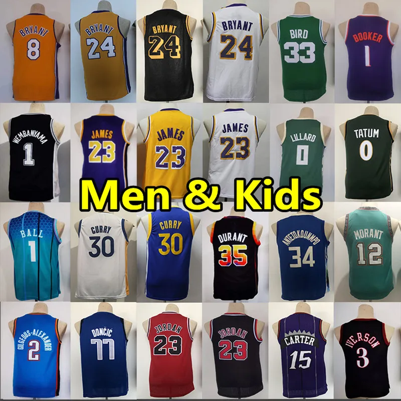 Homens Crianças Basquete Jersey 3 Iverson 30 Stephen Curry 23 James 24 Bryant 34 Giannis 1 Victor Wembanyama 12 Ja Morant 35 Kevin Durant 0 Jayson Tatum Adulto Crianças Jersey