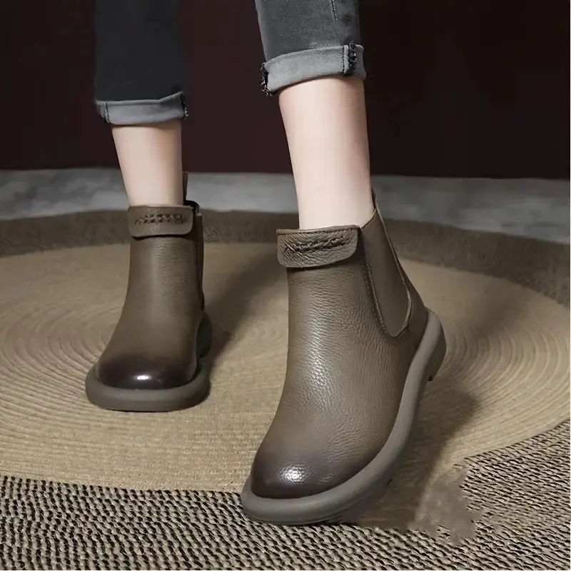 Boots Retro Genuine Cow Leather Chelsea for Women Shoes Elastic Band Ankle Boot Casual Chic Platform Nonslip Winter Short 231109