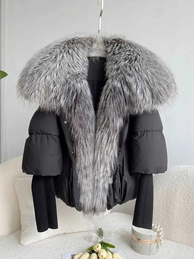 Parkas pour femmes Janveny grand col de fourrure de renard argenté véritable 2023 doudoune de canard blanc femmes hiver luxe manteau bouffant surdimensionné plume vêtements d'extérieur zln231109