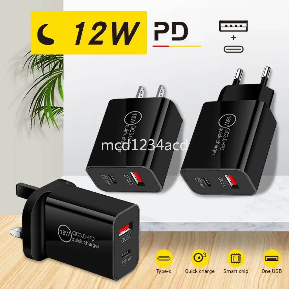 PD 12W USB C Charger 5V 2.4A EU US UK Standardladdning Plugs Type-C Adapter PD USB-laddning Hem reseavgift för iPhone 12 13 14 Samsung HTC M1