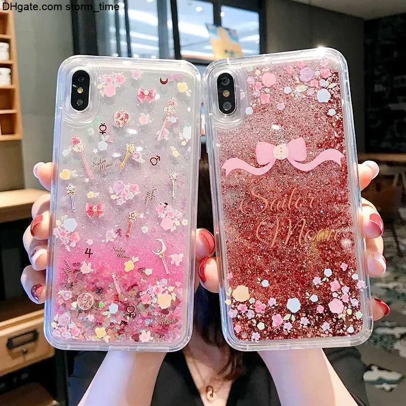 Glitter dynamisk flytande telefonfodral för iPhone 11 pro se xr xs max x 6 7 8 plus söt sjömansmåne magi stick kvicksand mjuk täckning