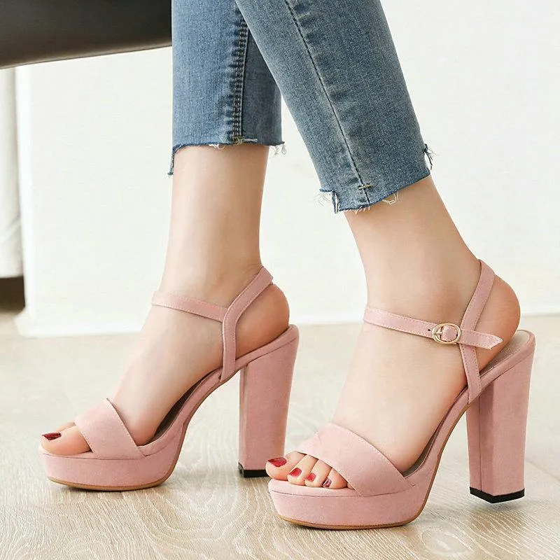 Sandals Women Summer Heels Fashion Platform Square Heel Shoes Woman Open Toe Buckle Party Pink Beige Red