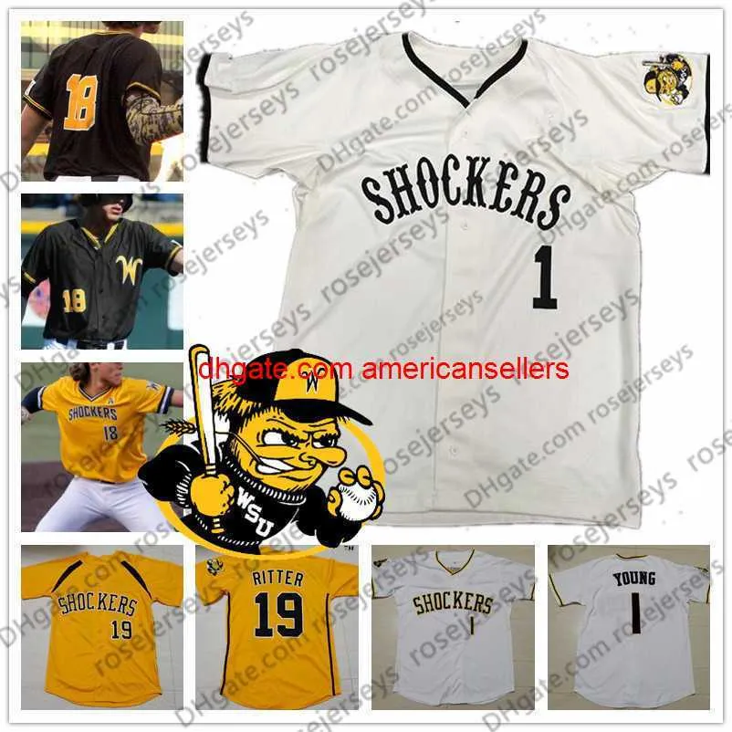 Custom Wichita State 2020 College Baseball Cualquier número Nombre Blanco Amarillo Negro # 8 Jacob Katzfey 15 Paxton Wallace Men Youth Kid Jersey 4XL