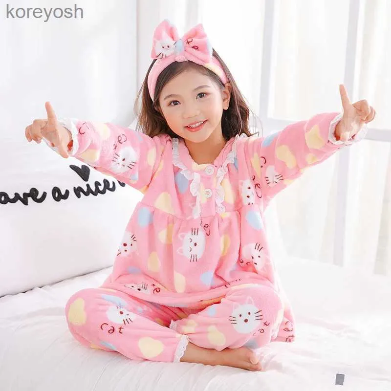 Pigiama BIG Girl Wear Autunno Inverno Manica lunga Caldo pigiama di flanella Set Cute Print Girl Sleepwear Set Invia fascia per capelli Regalo di NataleL231109