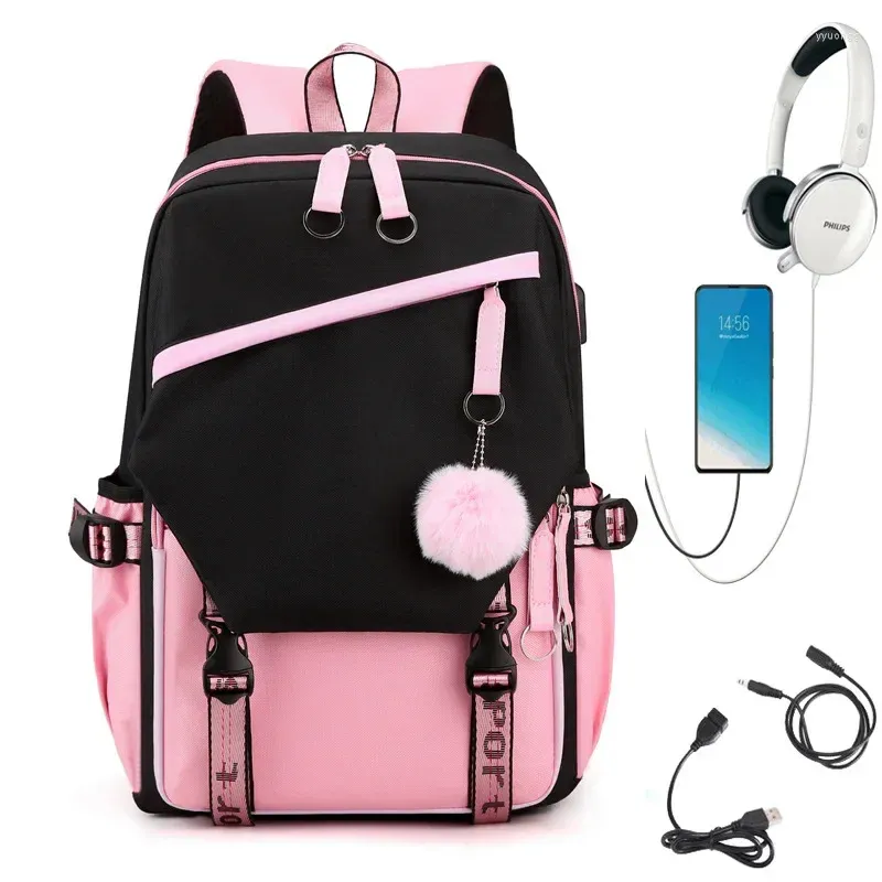 Borse da scuola Nere Grandi Donne Adolescenti Ragazze universitarie per ragazzi di mezza età Zaino Capacità Zaino in tela Bookbags USB Teen