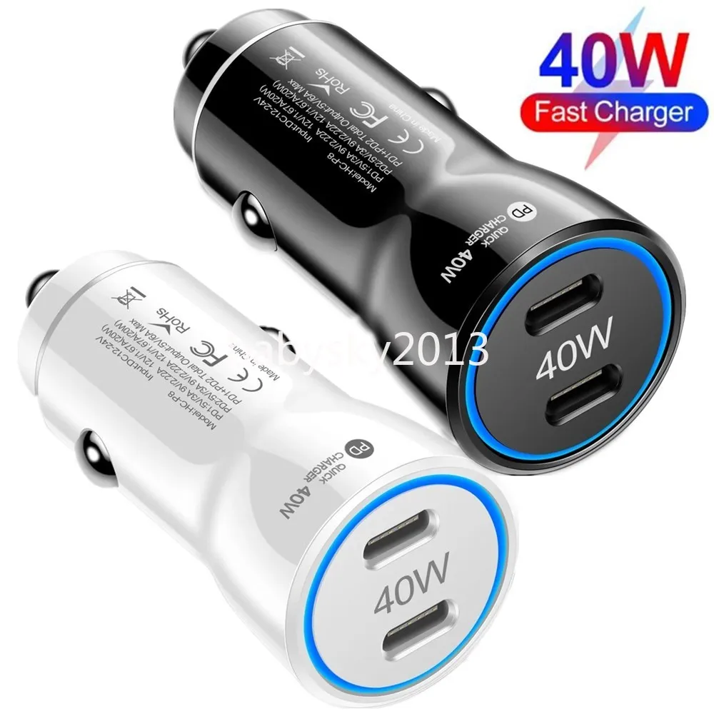 40W Dual PD Car Charger USB Type C Fast Charging Vehicle Car Chargers Power Adapters för iPhone 14 13 15 Xiaomi Huawei Samsung S21 S22 B1