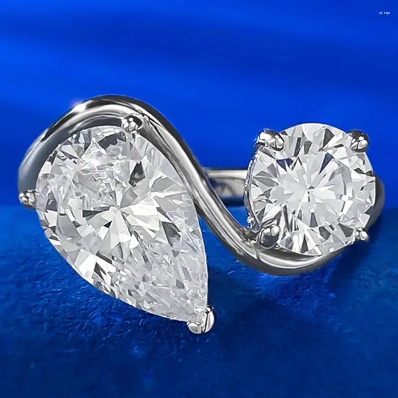 Anéis de cluster 925 prata esterlina pêra corte redondo laboratório safira gemstone anel de moda para mulheres casamento noivado jóias atacado