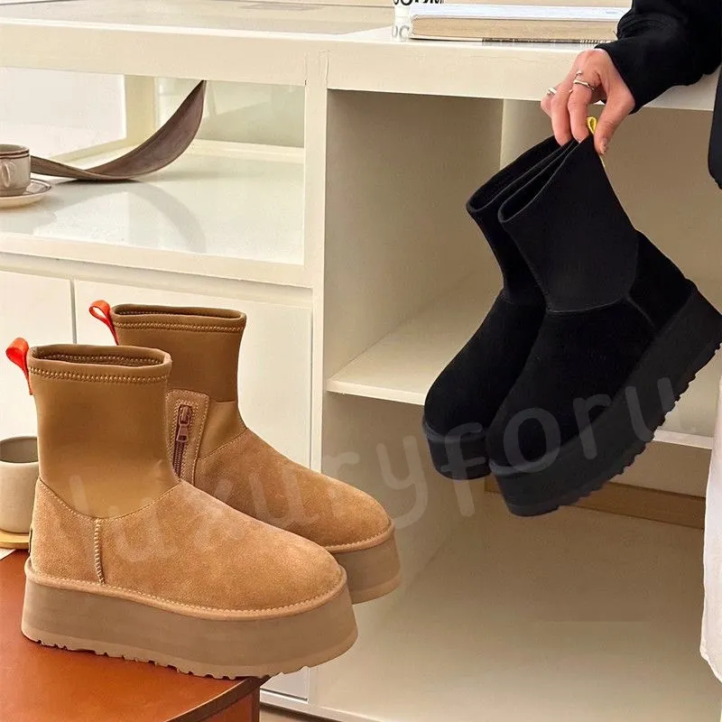 2023 Classic Dipper Platform Boot Femmes Australie Bottillons à semelles épaisses Fourrure de cheville Châtaigne noire Tasman Tazz Botte de graines de moutarde antidérapantes Bottes de chaussettes élastiques