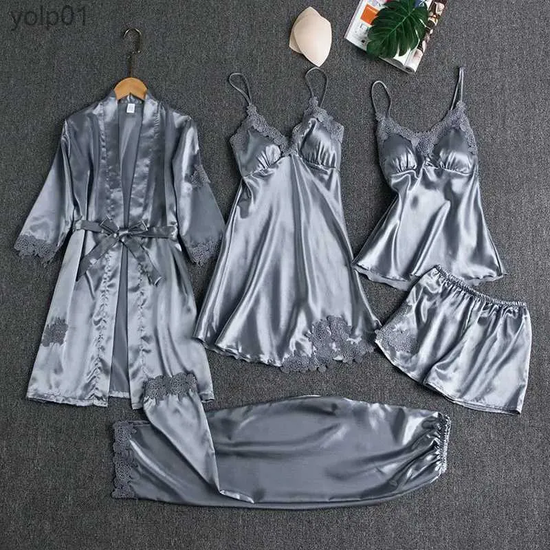 Women's Sleepwear Sleepwear Fe 5PCS Pajamas Set Satin Pyjamamas Lace Patchwork Bridal Wedding Nightwear Rayon Home Wear Nighty Robe SuitL231109