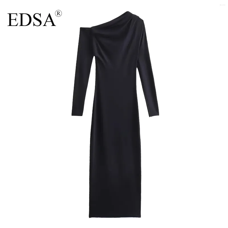 Casual Dresses EDSA Women Fashion Black Long Asymmetric Polyamide Mid Dress Sleeves Gathered Shoulder For Party Streetwear
