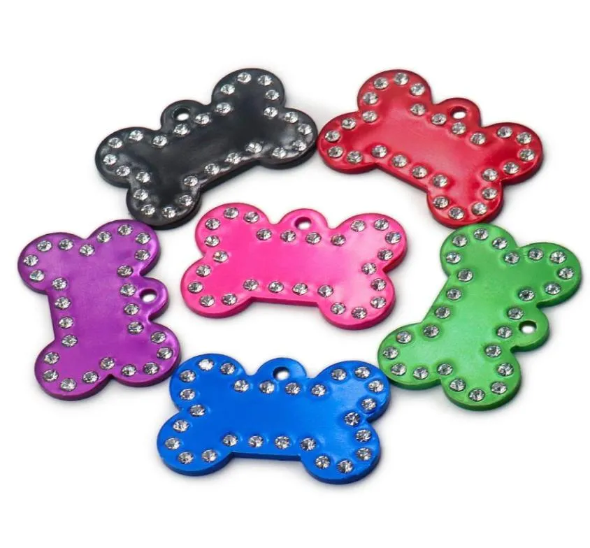 Whole 100Pcs Rhinestone Bone plate Tag Personalized Dog ID Tag Custom Name Dog Collar Pet Accessories Pet Gift Dog Bone Tag Y17507339