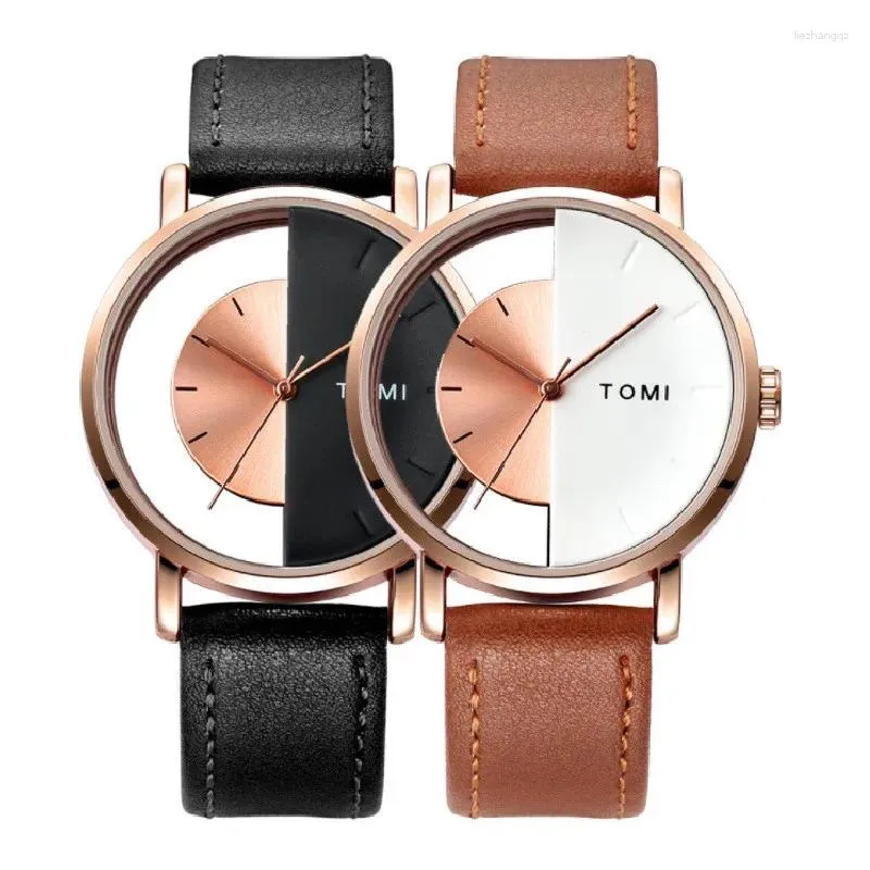 Wristwatches 2023 Unique Creative Half Transparent Unisex Watch Clock For Men Women Couple Geek Stylish Leather Wrist Watches Fashion