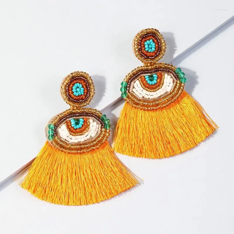 Dangle Earrings Boho Yellow Ethnic Style Long Tassel Eye Design Rice Beads Pendant Wearing Gifts