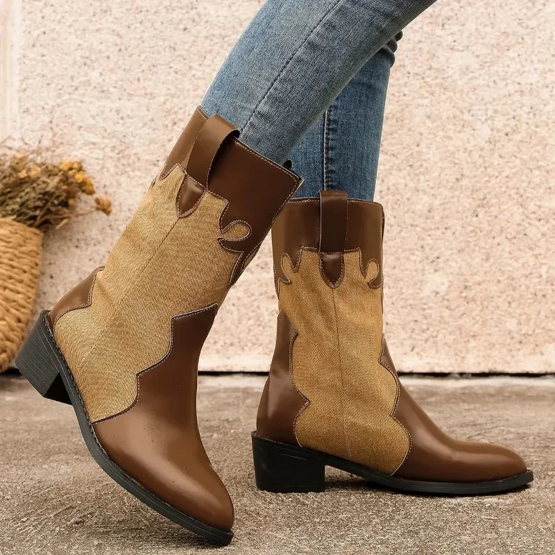 Boot's Midcalf Boots 2023 Winter Fashion Slipon Shoes for Female Square Heel Med Women Patchwork Ladies 231109