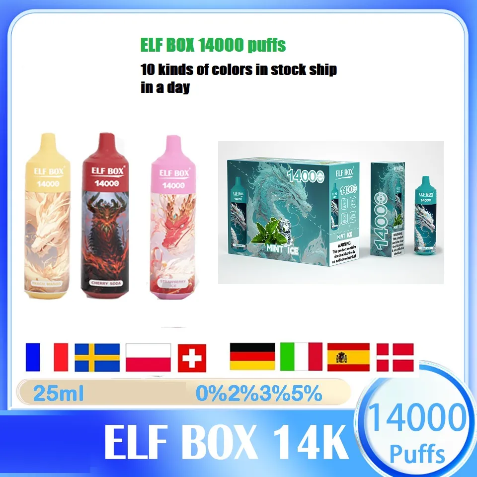 Elf Box 14000 Puff Ujeżdżalne Vapes Pift 14000 E papieros 0% 2% 3% 5% Vaporize ładowanie cewki siatkowe Vape Pióro Piecze SHIP One Day Puff 14k vs Elfbar Vape