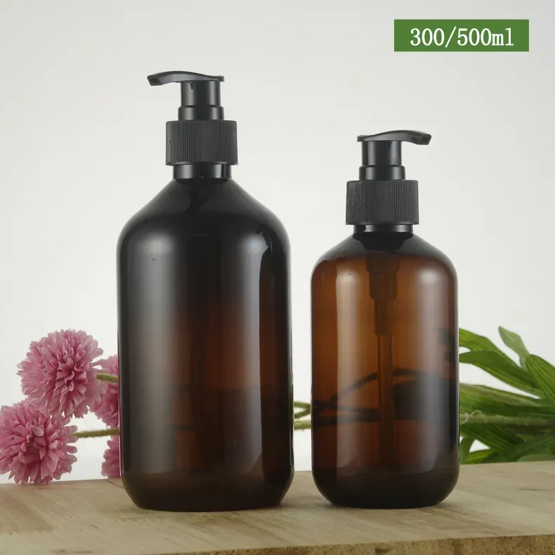 Bottiglie di plastica ambrate alla moda da 10 OZ 16 OZ con pompe per lozione per organizzare shampoo e sapone senza BPA 300 ml 500 ml