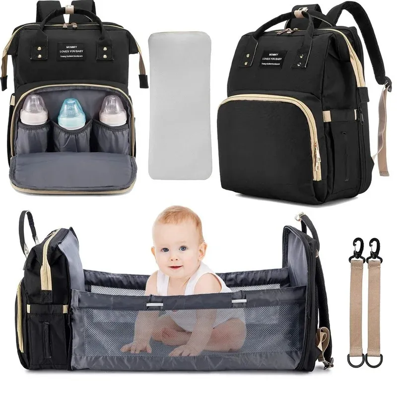 Diaper Bags Foldable Baby Crib with Changing Pad Diaper Bag Backpack USB Interface Babies Bags Station 231108