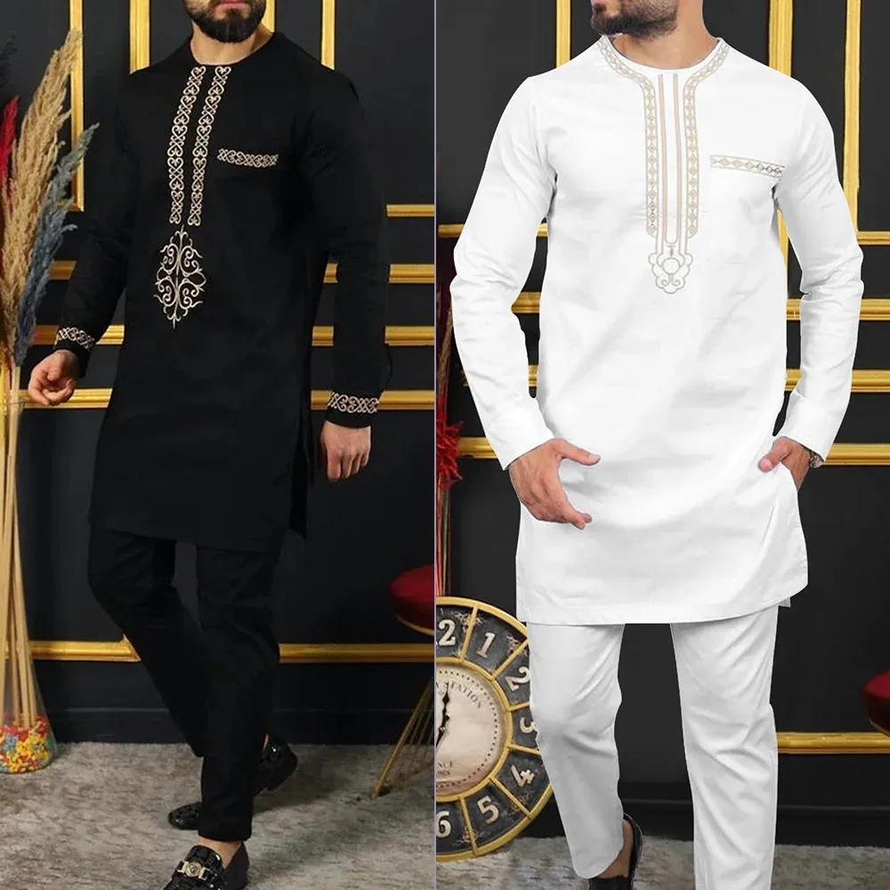 Costumes pour hommes Abaya 2PC Ensembles de pantalons complets pour habiller Dashiki Tenue traditionnelle africaine O-Cou Mens Vêtements de luxe Costumes de marque élégante pour hommes 231108