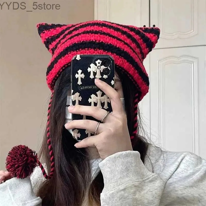 Y2K Devil Cat Ear Beanie - Cute Striped Knitted Skull Cap