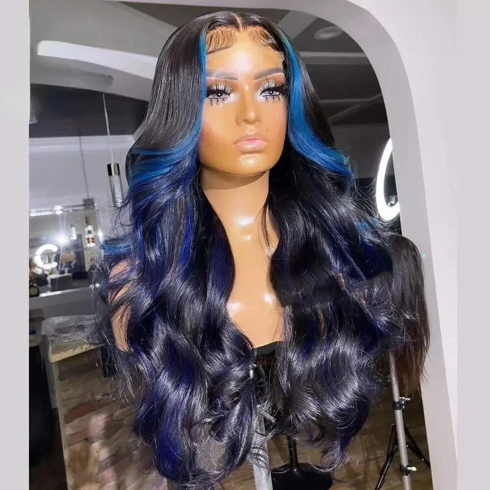 Braziliaanse Lijmloze 13X4 Kant Frontale Pruik Body Wave Blauw Menselijk Haar Pruiken Transparante Syntheitc Vetersluiting Pruik voor Zwarte Vrouwen