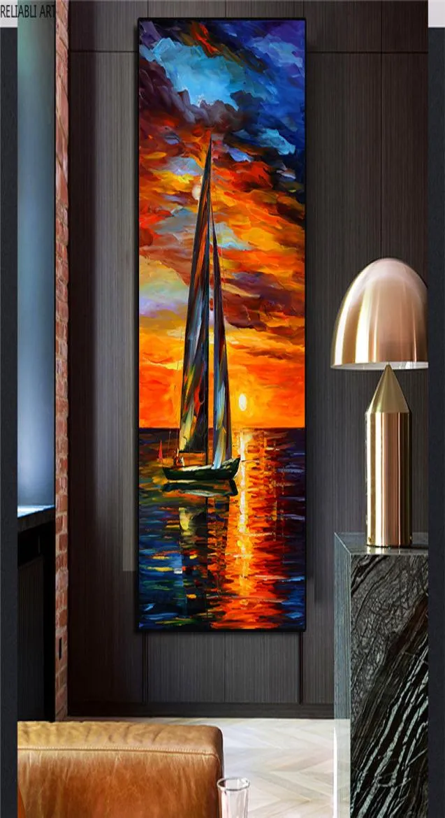 Décorations murales de paysage moderne, peinture sur toile pour salon, bateau, océan, coucher de soleil, ciel rouge, peinture à l'huile, décoration nordique pour la maison9201082