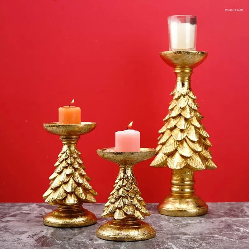 Titulares de vela Northeuins Resina Golden Christmas Tree Candlestick Decor Figurines Festival Desktop Decoração Coleção Titular Objetos