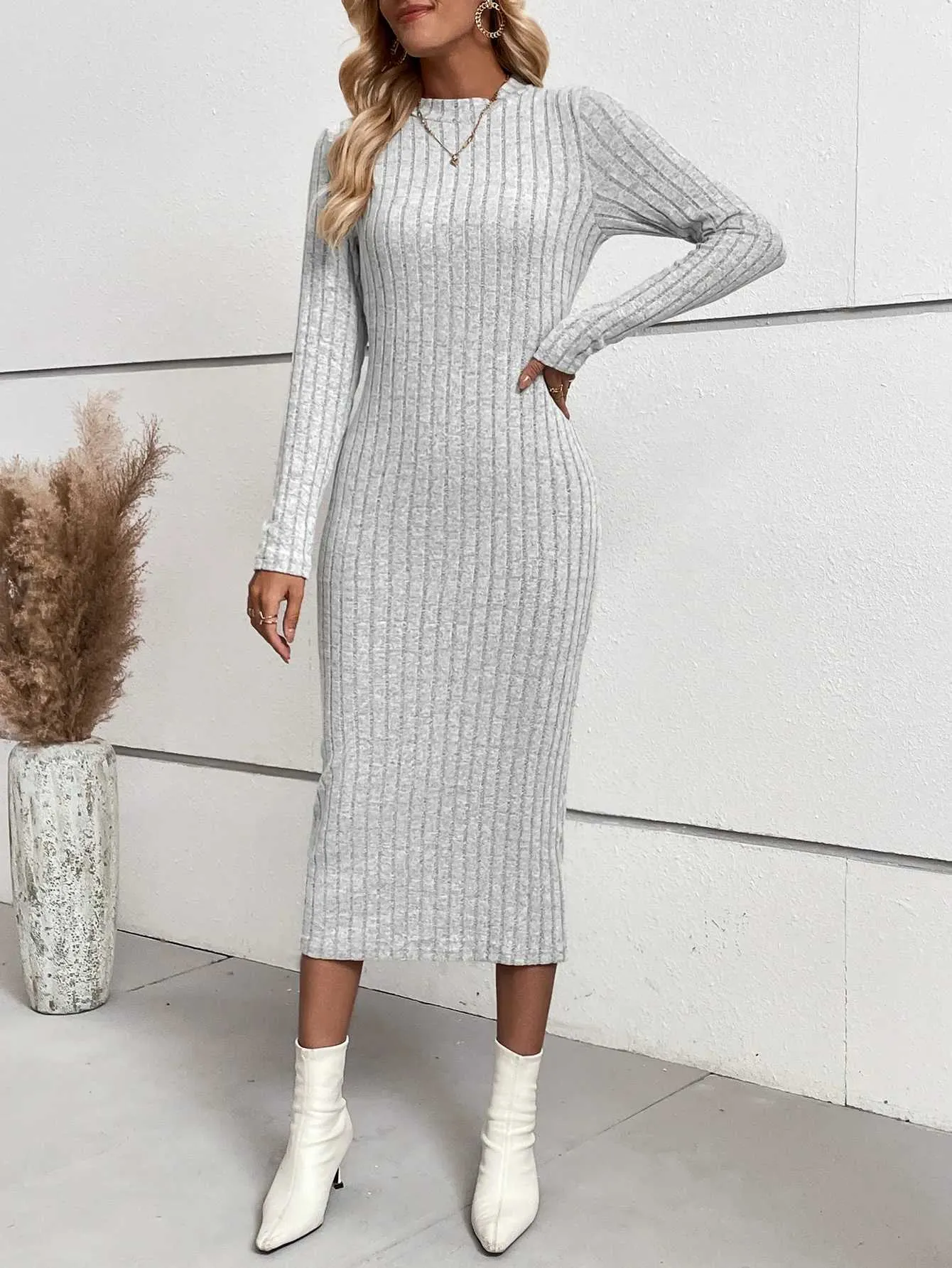 Robe longue en coton pour femmes, tenue urbaine Sexy, col rond, Maxi, manches longues, extensible, basique, moulante, couleur unie, SweaterB2O4, automne hiver