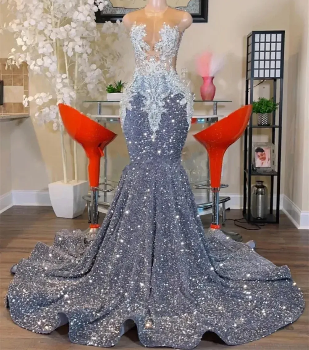 Shinning Grey Sequin Mermaid Prom Dress 2024 Luxury O Neck Lace Appliques Plus Size Evening Birthday Party Gowns For Arabic Women