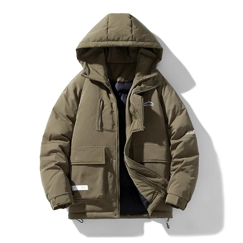 Parkas de plumón para hombre Chaqueta de invierno con capucha Espesar Acolchado A prueba de viento Letra impresa Abrigo de algodón Hombres Bolsillo de herramientas Allmatch Chaquetas sueltas 231108