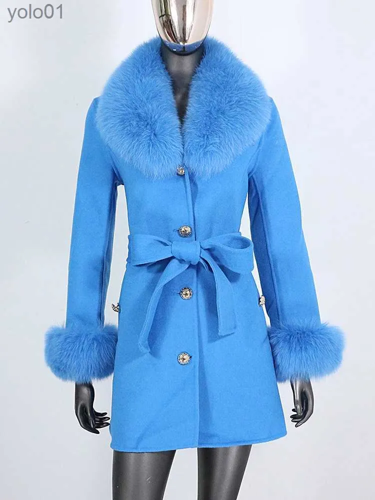 Fourrure femme Fausse fourrure BLUENESSFAIR 2022 manteau de fourrure véritable veste d'hiver femmes col de fourrure naturelle poignets ceinture cachemire laine vêtements d'extérieur en laine StreetwearL231109