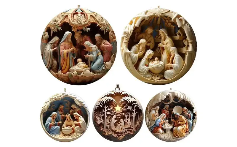 Christmas Decorations Nativity Christmas Tree Hanging Pendants Keepsake Religious Holy Scene Acrylic Ornaments For Offices Christmas Party Home Decor 231109