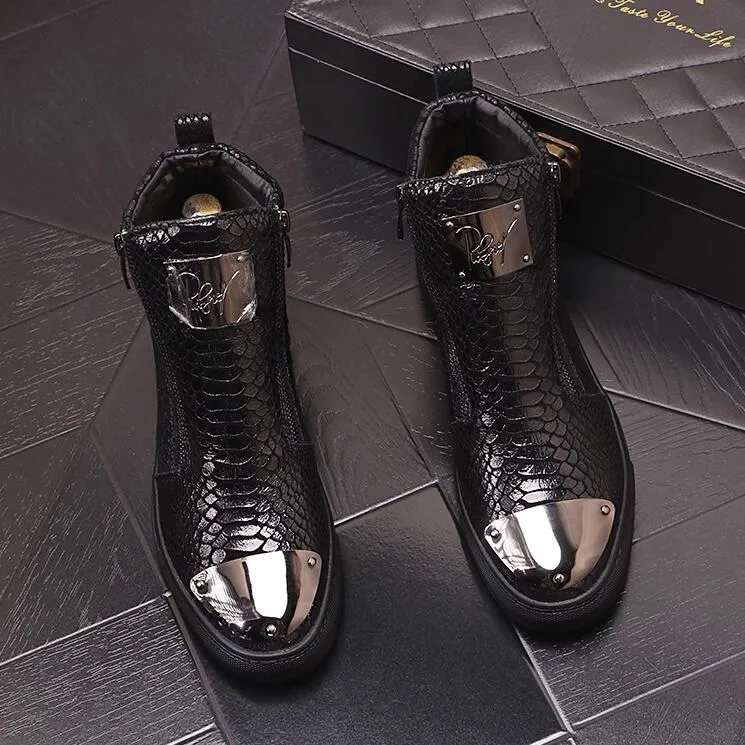 Sequins High-top Shoes Men`s Shoes Nightclub Fashion Men`s Board Shoes zipper Silver Cowhide Short Boots 10A49