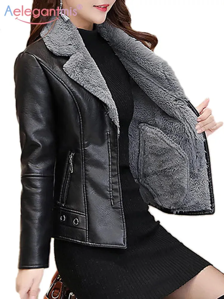 Chaquetas de mujer Aelegantmis Otoño Invierno Cálido Abrigo de piel sintética Mujer Chaqueta de cuero Señoras Slim Moto Biker Chaquetas básicas Felpa Ropa de abrigo informal 231108