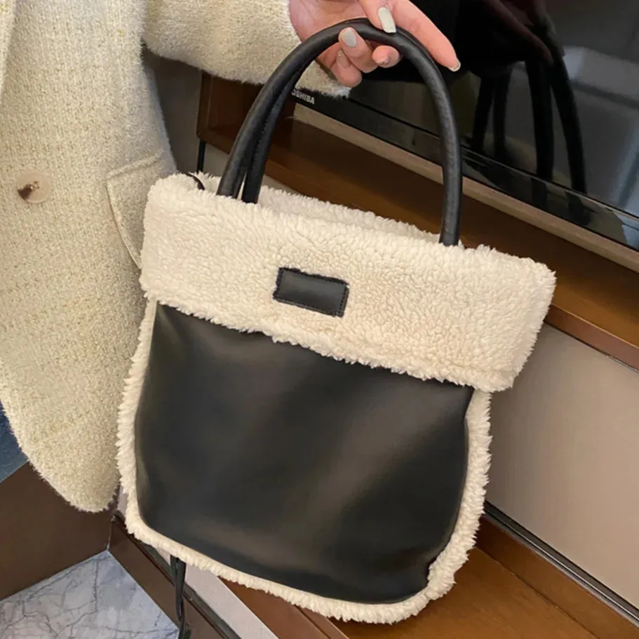 Sacos de noite Cordeiro Cabelo Contraste Bucket Bag Mulheres Inverno Moda Ombro Bolsa Grande Capacidade Satchel Designer Tote Bolsa Fluffy Sling Bags 231108