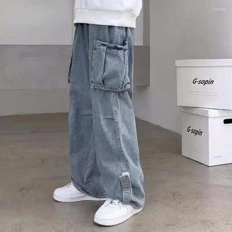 Mäns jeans denim overallerar stor ficka lös bred ben avslappnad vår höst koreansk mode hip hop