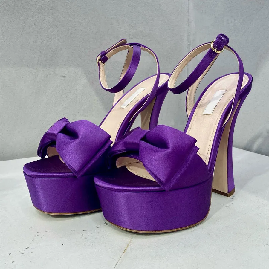 Plattform Sandaler klackar Bow Satin Ankle Straps High-Heeled Sandals Elegant Princess Style Open Toe Dress Shoes Luxury Designer Sandaler Party Shoes 14cm With Box