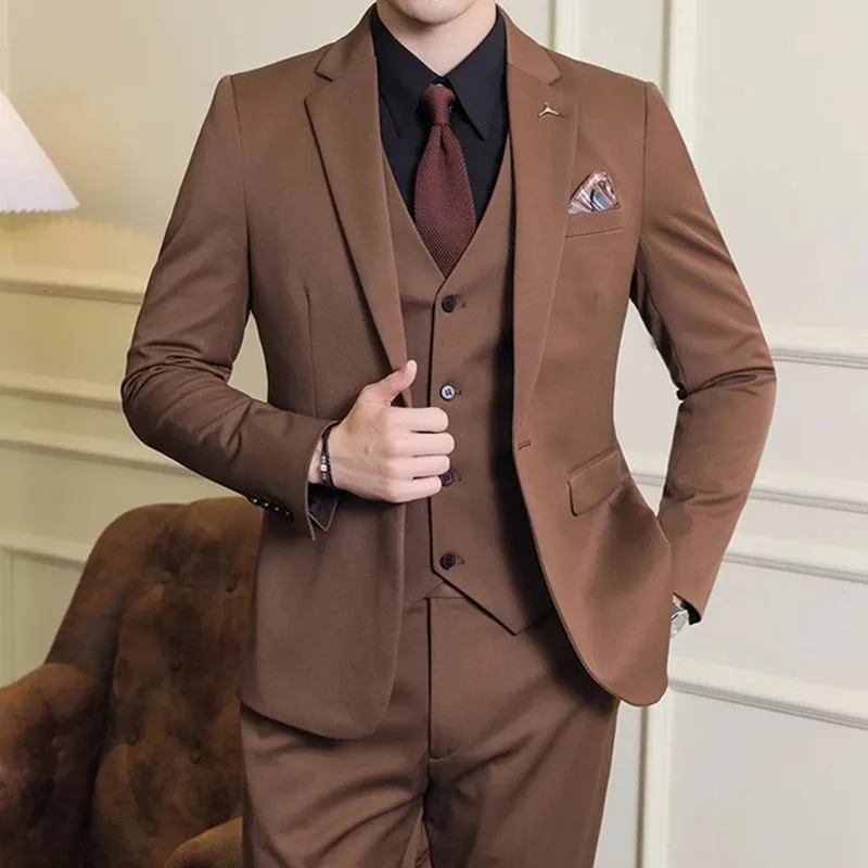 Men's Suits Blazers Fashion Men Leisure Boutique Business Solid Color Slim Wedding Suit / Male Solid Color 3 Pcs Blazers Jacket Pants Vest 231109