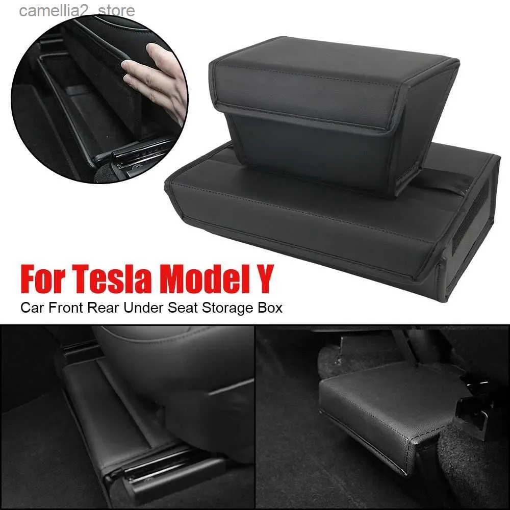 Boîte de rangement sous siège de voiture, organisateur de voiture pour Tesla modèle Y, accessoires automobiles en cuir, sièges avant et arrière, organisateur pliable Q231109